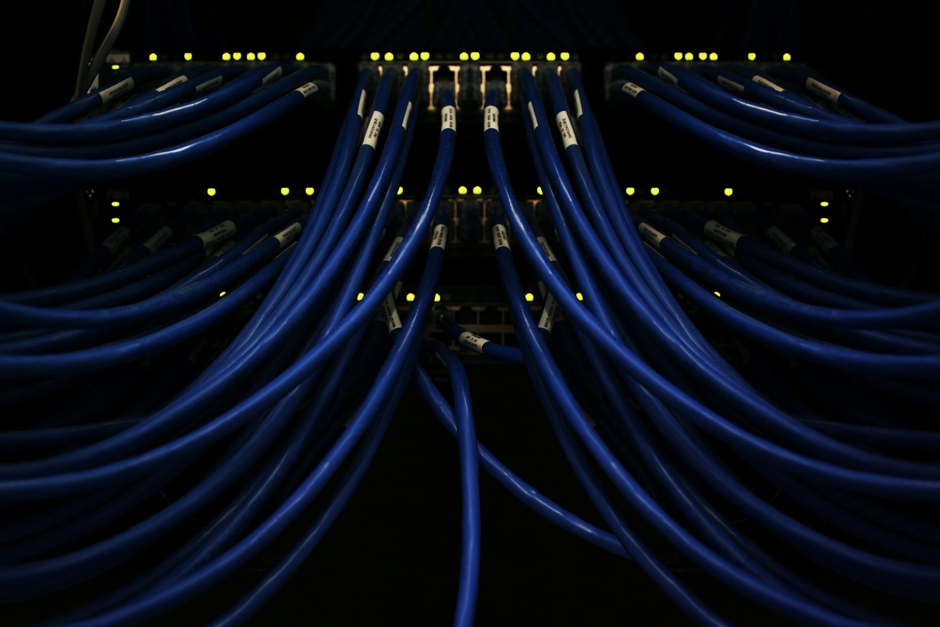 Cabos de rede azuis conectados a equipamentos com luzes de atividade