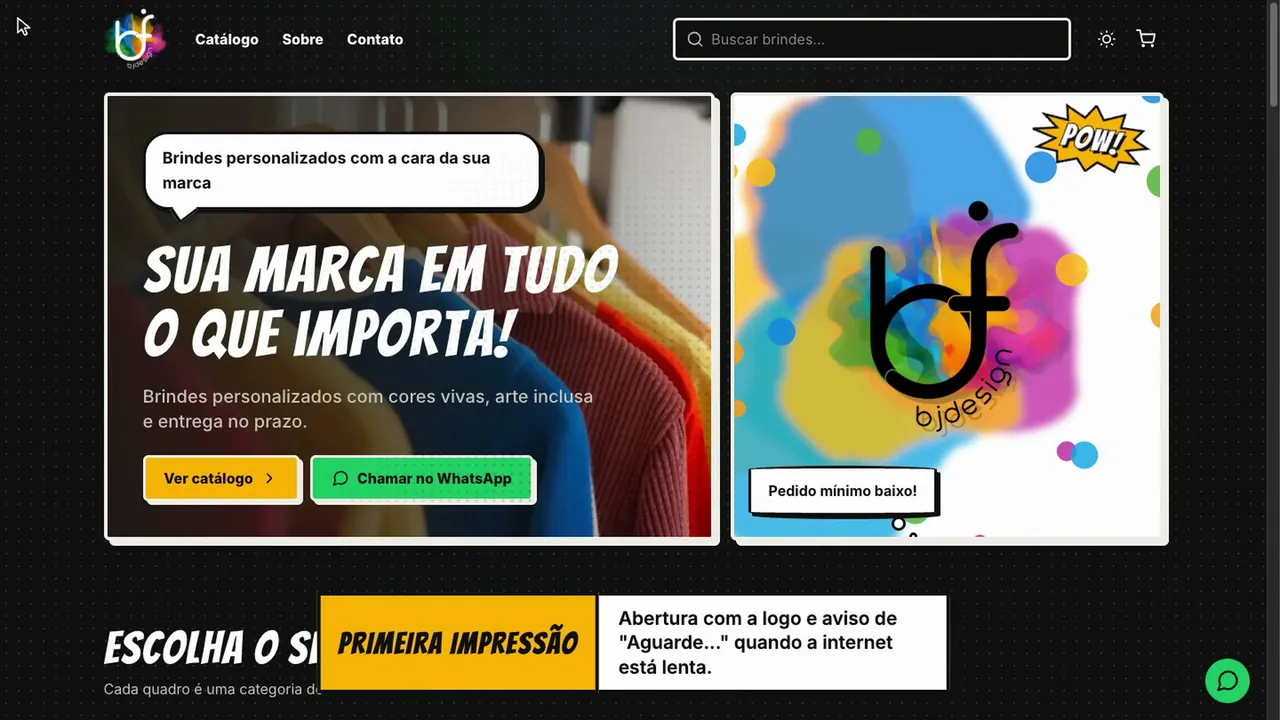 Página inicial de um site de brindes feito com o Vortex Site Brindes, com catálogo e chamadas para orçamento